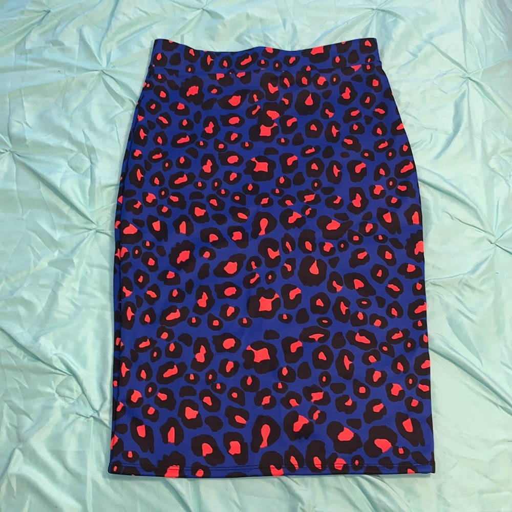 NWOT Large Blue & Orange Leopard Bodycon Midi Skirt